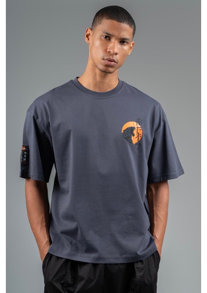 Oversize Erkek Bisiklet Yaka Antrasit- T-shirt