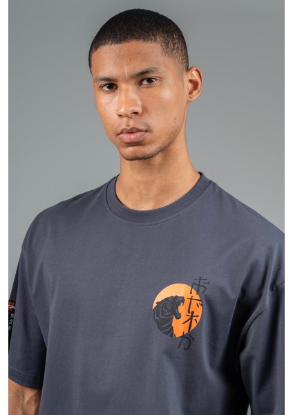 Oversize Erkek Bisiklet Yaka Antrasit- T-shirt indirimleri