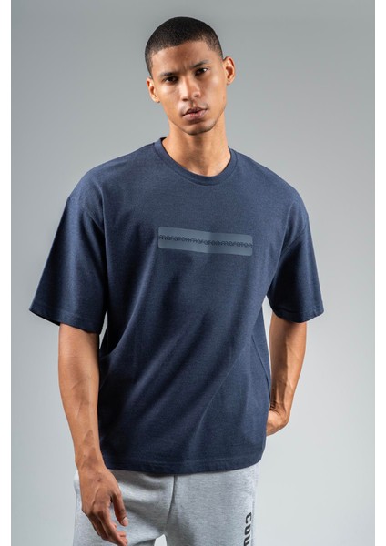 Oversize Erkek Bisiklet Yaka Açık Lacivert- T-shirt