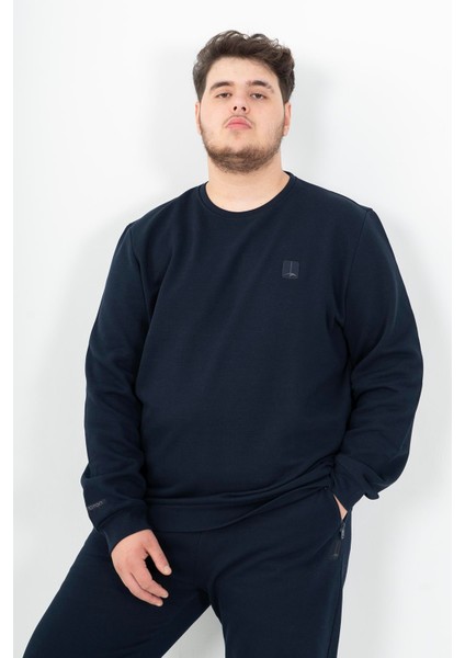 Büyük Beden Erkek Bisiklet Yaka Takma Kol Lacivert Sweatshirt 22370