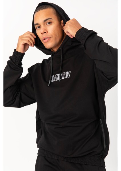 Oversize Erkek Kapşonlu Düşük Kol Siyah Sweatshirt 22465