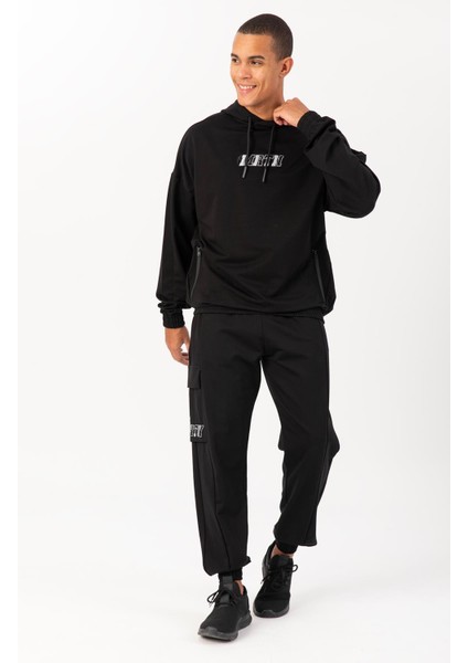 Oversize Erkek Kapşonlu Düşük Kol Siyah Sweatshirt 22465 fırsatları