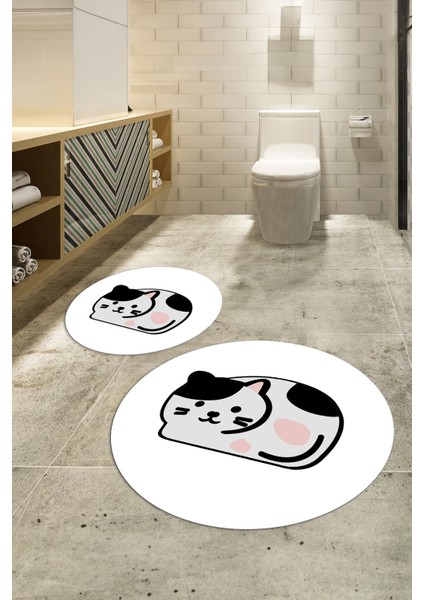 Dijital Baskılı Kaymaz Yıkanabilir Kedi Desen Yuvarlak Ikili Banyo Takımı, N-Y-Klozet-43-Beyaz, fiyatları