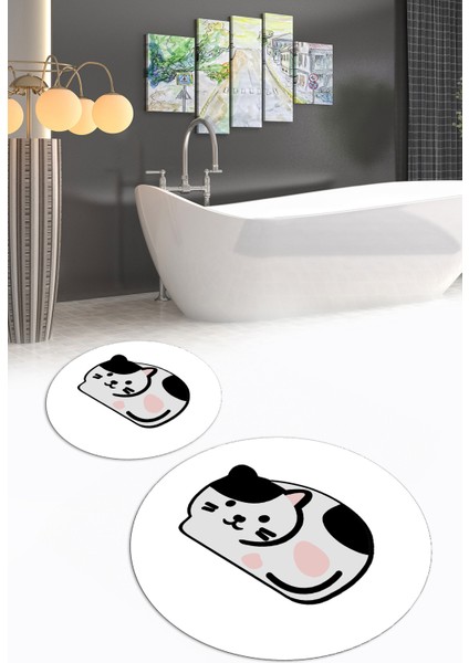 Dijital Baskılı Kaymaz Yıkanabilir Kedi Desen Yuvarlak Ikili Banyo Takımı, N-Y-Klozet-43-Beyaz, fırsatları