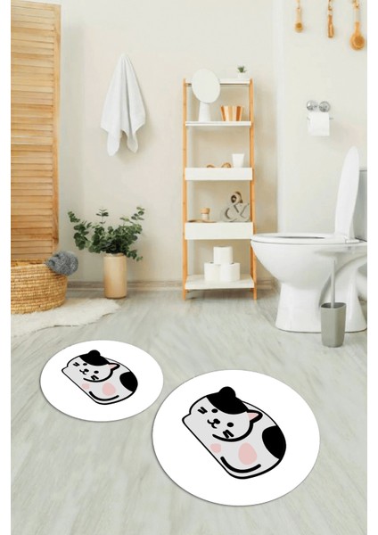 Dijital Baskılı Kaymaz Yıkanabilir Kedi Desen Yuvarlak Ikili Banyo Takımı, N-Y-Klozet-43-Beyaz, indirimleri