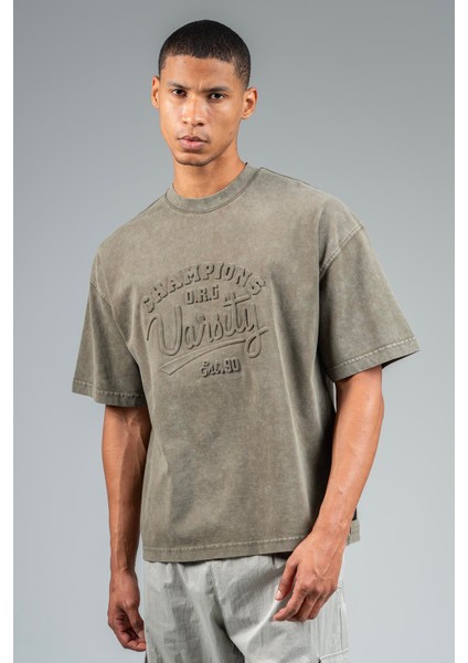 Oversize Erkek Bisiklet Yaka Düşük Kol Açık Haki T-shirt 22669