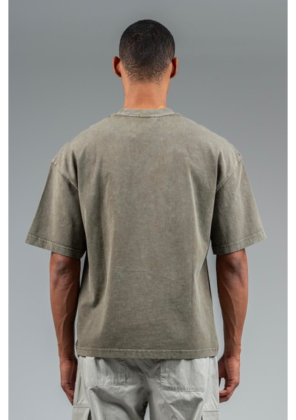 Oversize Erkek Bisiklet Yaka Düşük Kol Açık Haki T-shirt 22669 fiyatları