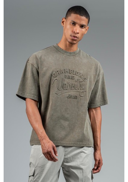 Oversize Erkek Bisiklet Yaka Düşük Kol Açık Haki T-shirt 22669 modelleri