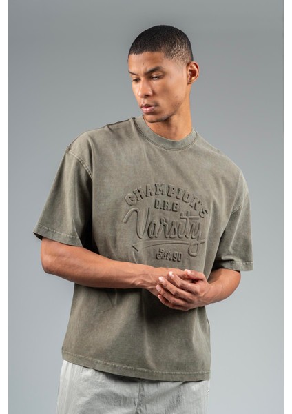Oversize Erkek Bisiklet Yaka Düşük Kol Açık Haki T-shirt 22669 fırsatları