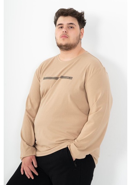 Büyük Beden Erkek Bisiklet Yaka Açık Vizon Sweatshirt