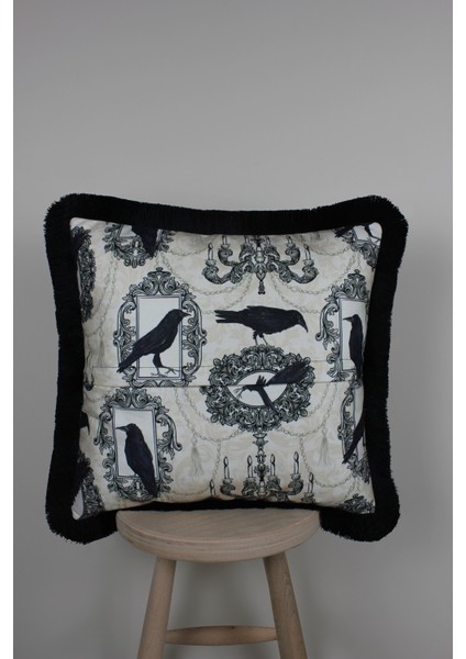 Siyah Püsküllü, Raven Desen, Dekoratif 43X43CM Kare Kırlent Kılıfı
