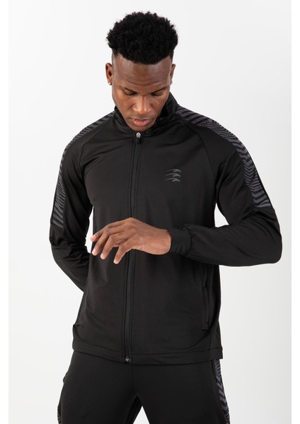 Regular Erkek Dik Yaka Reglan Kol Siyah Eşofman Üstü 21587