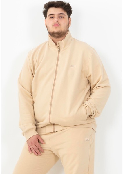 Sportswear Büyük Beden Erkek Dik Yaka Reglan Kol Basic Kil Rengi Eşofman Üstü 22469