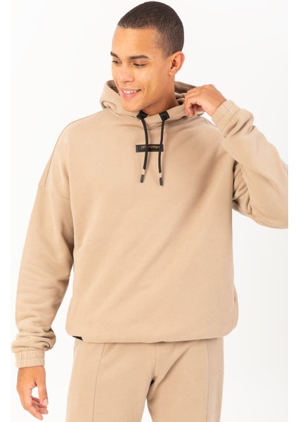 Oversize Erkek Kapşonlu Düşük Kol Açık Vizon Sweatshirt 22385