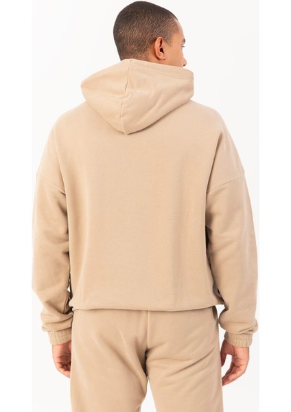 Oversize Erkek Kapşonlu Düşük Kol Açık Vizon Sweatshirt 22385