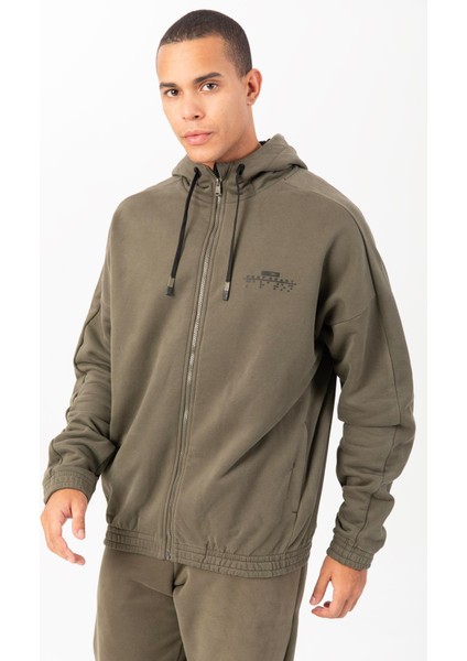 Oversize Erkek Kapşonlu Uzun Kol Açık Haki Eşofman Üstü 22451