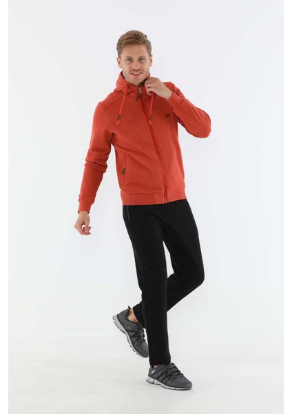 Regular Erkek Kapşonlu Uzun Kol Kiremit-Siyah Tracktop 10072