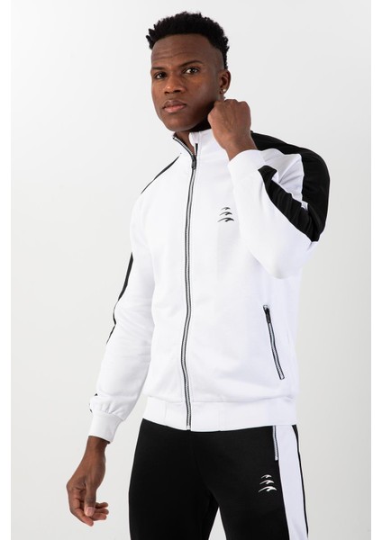 Regular Erkek Dik Yaka Reglan Kol Beyaz Eşofman Üstü 21748