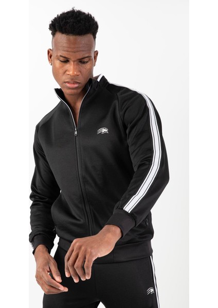 Regular Erkek Dik Yaka Reglan Kol Siyah Eşofman Üstü 21758