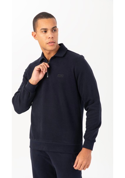 Sportswear Regular Erkek Polo Yaka Takma Kol Basic Lacivert Sweatshirt 22395