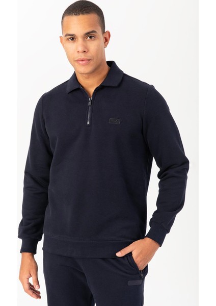 Sportswear Regular Erkek Polo Yaka Takma Kol Basic Lacivert Sweatshirt 22395