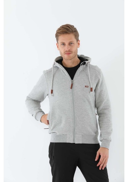 Regular Erkek Kapşonlu Uzun Kol Gri Melanj Tracktop 10072