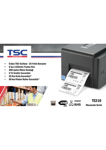 Tsc TE210 Barkod Etiket Yazıcı 203DPI, USB + Ethernet + RS232 + USB 99-065A301-00LF0L