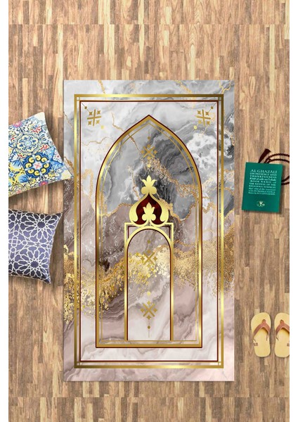 Dijital Baskılı Kaymaz Yıkanabilir (70X130) Hediyelik Namazlık Seccade, N-Seccade-36-Gold,