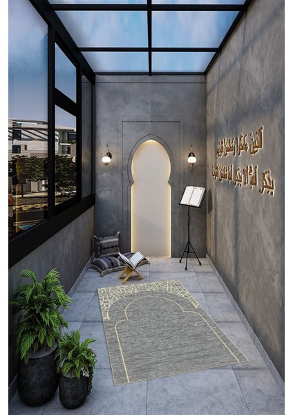 Dijital Baskılı Kaymaz Yıkanabilir (70X130) Hediyelik Namazlık Seccade, N-Seccade-15-Gri,