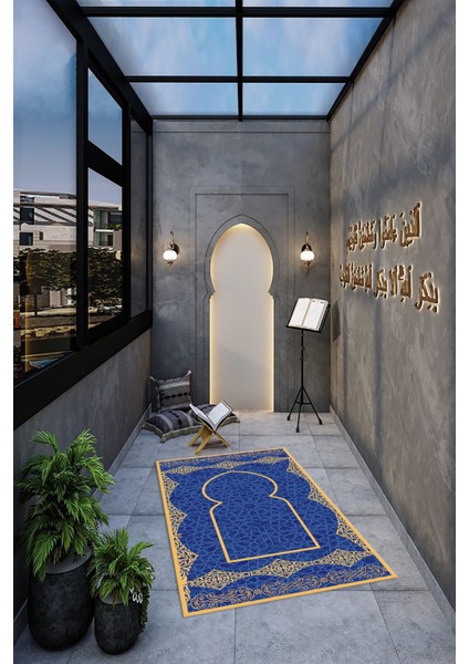 Dijital Baskılı Kaymaz Yıkanabilir (70X130) Hediyelik Namazlık Seccade, N-Seccade-16-Mavi,