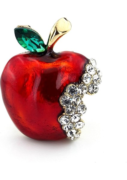 Kırmızı Elma Isırılmış Apple Pamuk Prenses Zirkon Taşlı Broş RZ172