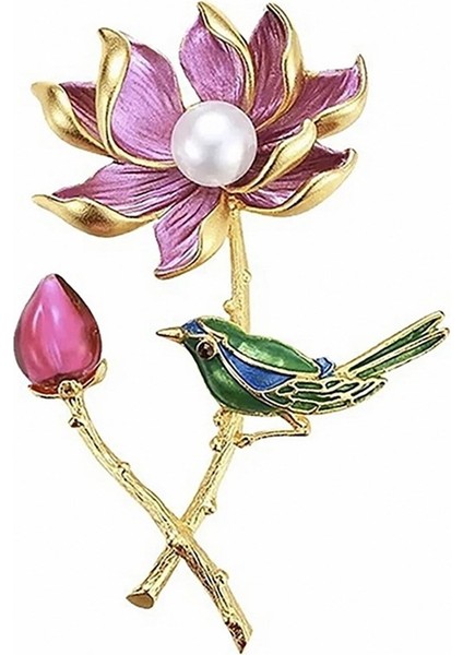 Pembe Lotus Çiçeği Daldaki Kuş Renkli Metal Broş RZ192