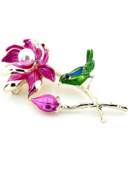 Pembe Lotus Çiçeği Daldaki Kuş Renkli Metal Broş RZ192