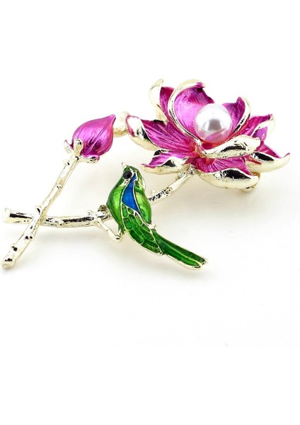 Pembe Lotus Çiçeği Daldaki Kuş Renkli Metal Broş RZ192