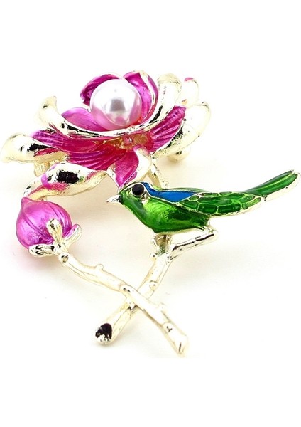 Pembe Lotus Çiçeği Daldaki Kuş Renkli Metal Broş RZ192