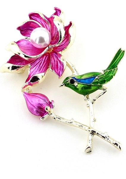 Pembe Lotus Çiçeği Daldaki Kuş Renkli Metal Broş RZ192