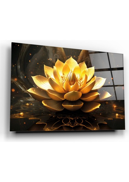 Altın Lotus Çiçeği Dekoratif Yatay Cam Tablo