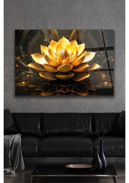 Altın Lotus Çiçeği Dekoratif Yatay Cam Tablo fırsatları