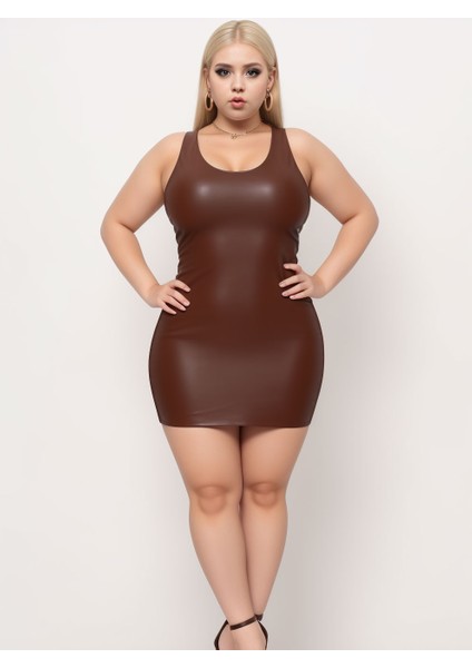 Acı Kahve Büyük Beden Deri Elbise