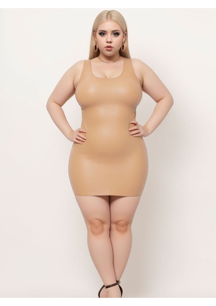 Bej Büyük Beden Deri Elbise