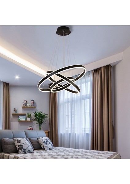 Zr Aydınlatma Siyah 3 Işık Rengi, Kumandalı Ø100-80-60CM Çember LED Lamba,yuvarlak Sarkıt Avize,modern Aydınlatma