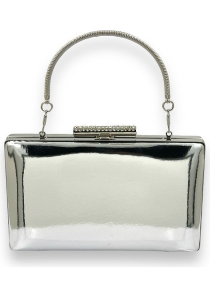 Gümüş Gri Lame Ayna Rugan Metal Saplı Abiye Çanta Gece Çantası Kına Düğün Nişan Balo Davet