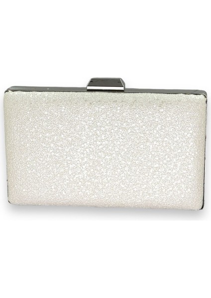 Sedef Ekru Kristal Desenli Mat Deri Metal Saplı Abiye Çanta Gece Çantası Kına Düğün Nişan Çantası