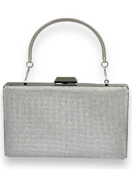 Gümüş Gri Lazer Desenli Metal Saplı Dökülmeyen Simli Abiye Çanta Gece Çantası Kına Düğün Nişan