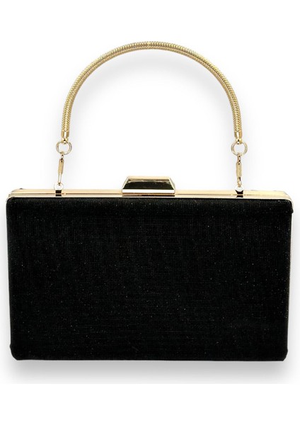 Siyah Renk Lazer Desenli Metal Saplı Dökülmeyen Simli Abiye Çanta Gece Çantası Kına Düğün Nişan