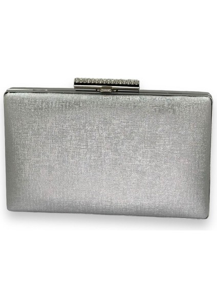 Gümüş Gri Lame Çizilmez Mat Deri Metal Kasalı Abiye Çanta Nişan Düğün Mezuniyet Çantası