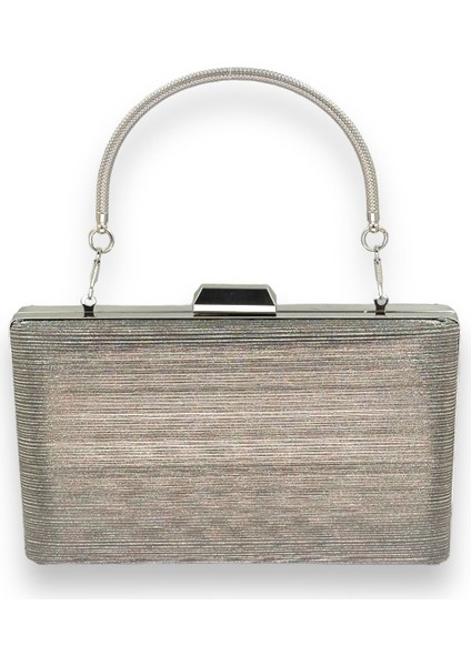Platin Renk Ithal Lazer Desenli Çizgili Metal Saplı Abiye Gece Çantası Nişan Düğün Davet Balo