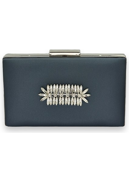 Lacivert Renk Çizilmeyen Saten Gümüş Taşlı Abiye Çanta Düğün Nişan Çantası