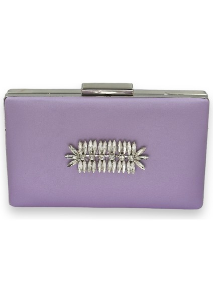 Lila Renk Çizilmeyen Saten Gümüş Taşlı Abiye Çanta Düğün Nişan Çantası