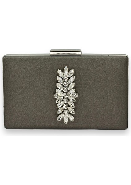 Antrasit Gri Platin Renk Çizilmeyen Saten Gümüş Taşlı Abiye Çanta Düğün Nişan Çantası